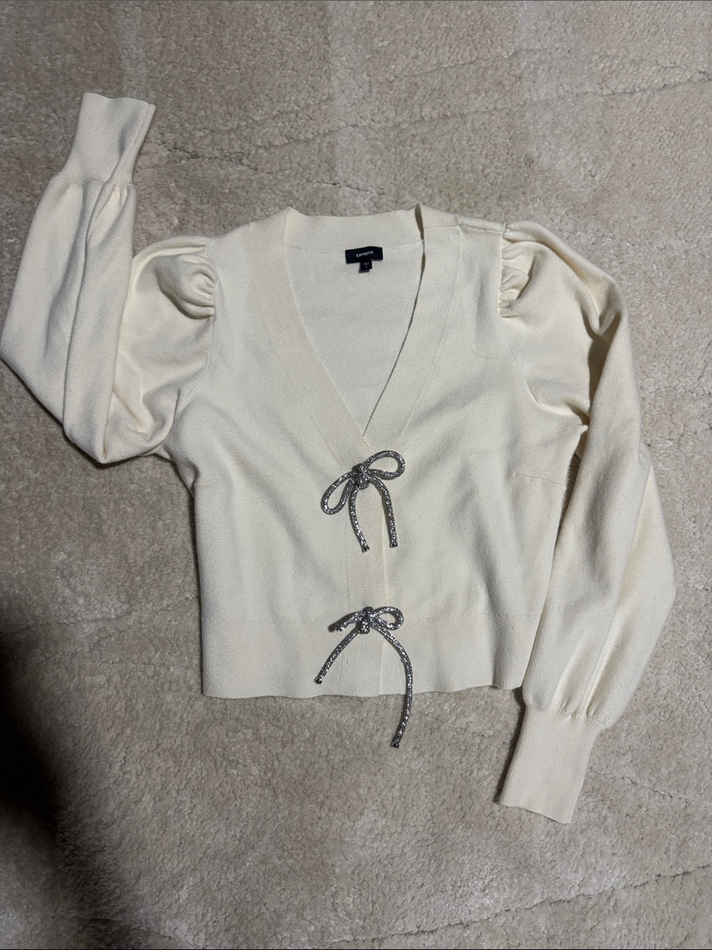 Express Cream V-Neck Puff Sleeve Sweater with Silver Bow Accents